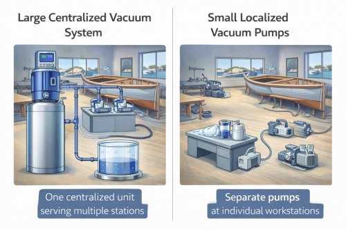 Large central vacuum systems versus small local vacuum pumps.
