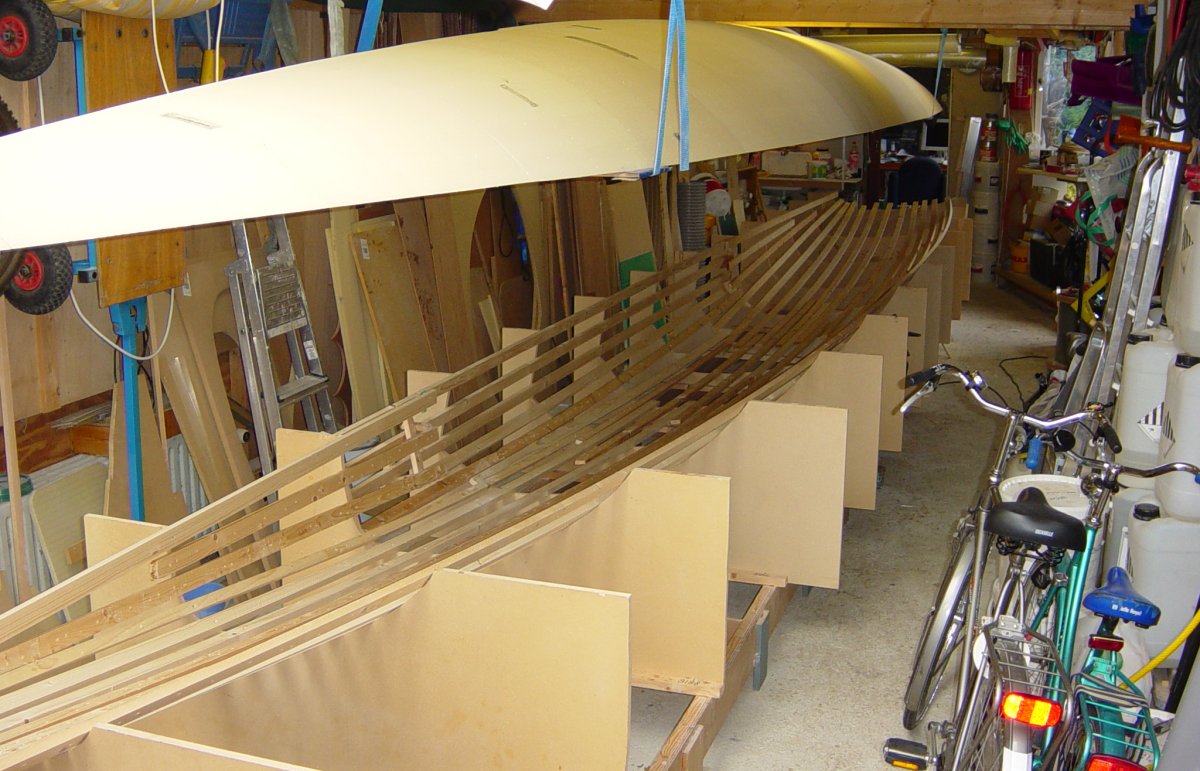 Form frames set up and ready for planking the last float half.