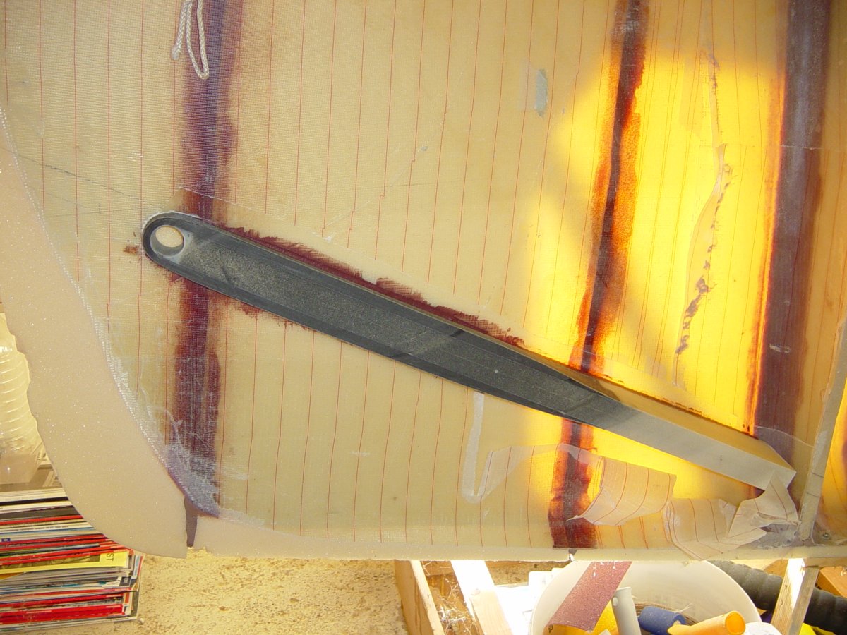 Carbon bobstay anchor installed in the bow of the starboard main hull half